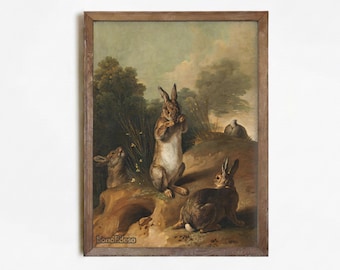 Vintage Rabbit Painting | Antique Bunnies Print | Rustic Animal Art | Farmhouse Decor | Fine Art