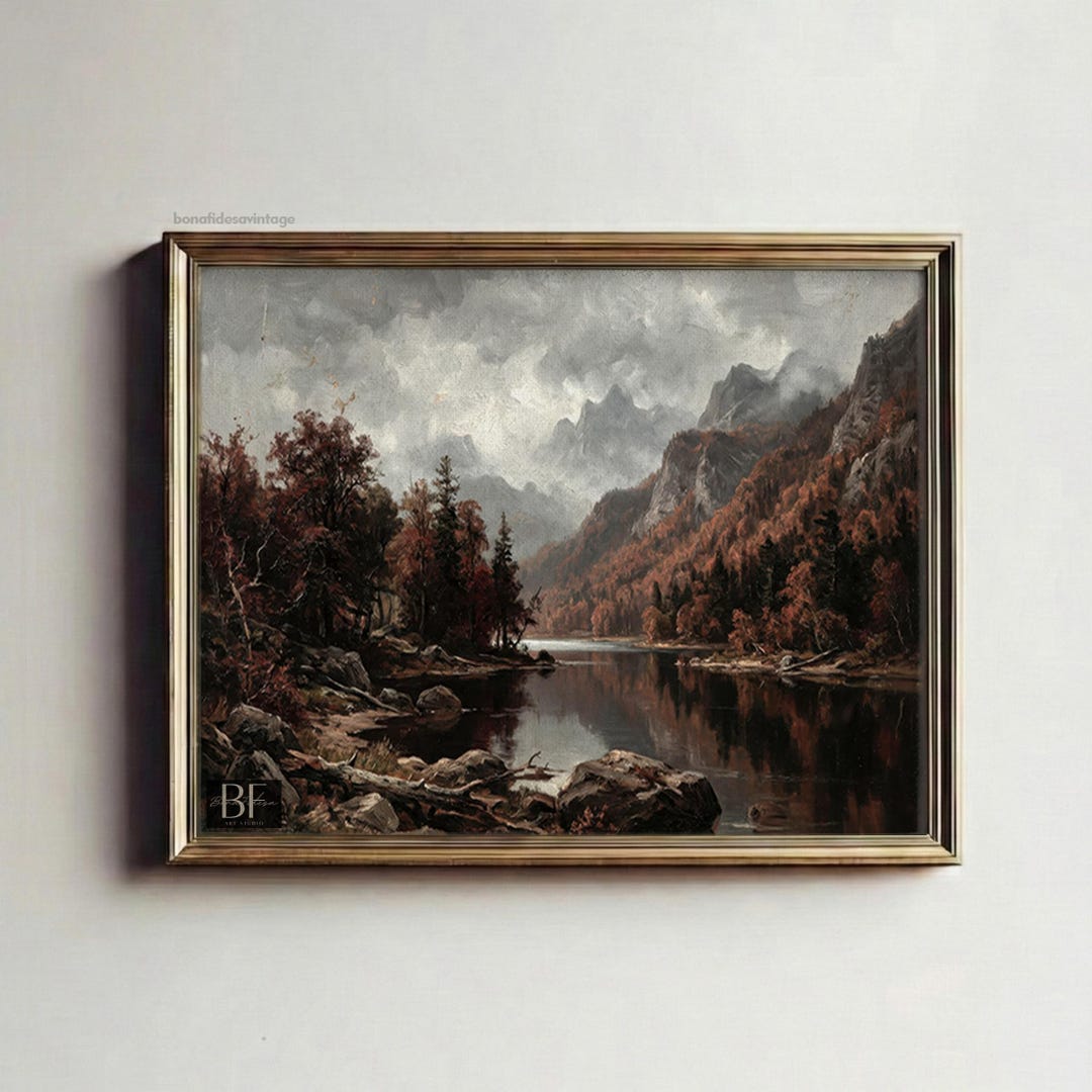 Rustic Fall Lake Landscape Print: Moody Autumn Oil Painting (printable ...