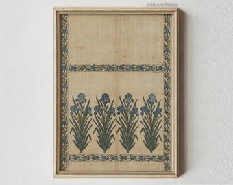 Vintage Botanical Tapestry Print, Blue Floral Embroidery Textile Printable Wall Art, Rustic Country Spring Decor, Digital Download