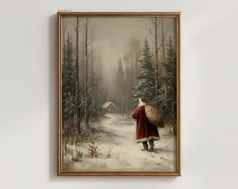 Santa Claus Print: Moody Vintage Style Holiday Painting, Nostalgic Classical Christmas, Snowy Forest Landscape, Printable Seasonal Wall Art