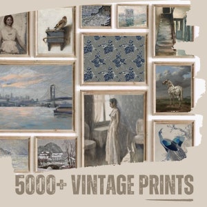 May include: A collage of vintage prints in various styles and colors, including a cityscape, a woman in a dress, a bird on a branch, a peacock, and a floral pattern. The prints are framed in wood and arranged in a grid pattern. 5000+ Vintage Prints.