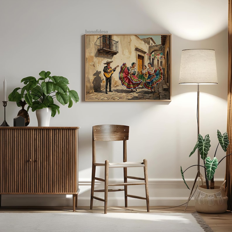 May include: A rectangular framed wall art print featuring a painting of a musician playing a guitar and three dancers in colorful dresses on a cobblestone street. The text bonafidesa is printed in the upper left corner of the artwork.