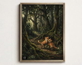 Obraz olejny z lisem w stylu vintage | Dramatyczny wydruk artystyczny z lasu | Sztuka leśnych zwierząt | Wystrój Dark Academia | Sztuka ścienna w stylu dark fantasy | Wystrój Cottagecore