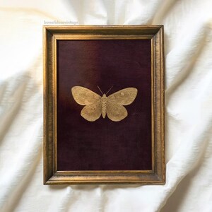 May include: A framed artwork featuring a gold-colored butterfly against a deep burgundy background. The butterfly is centered, with detailed wing patterns. The frame is a vintage gold color, adding to the piece's antique aesthetic. The artwork is displayed on a white fabric.