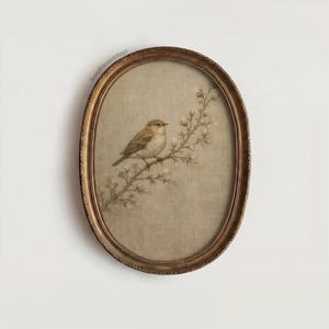 Lámina decorativa de pared con estampado de pájaros neutros, gorrión vintage en rama florida, lino beige, descarga digital, decoración rústica, regalo para el Día de la Madre.