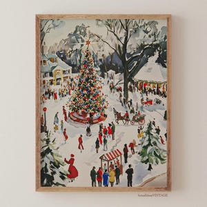 May include: Vintage print of a snowy winter scene with a large decorated Christmas tree as the focal point. People are gathered around the tree and a carousel, with buildings and trees in the background. The print is framed in a light brown wooden frame.