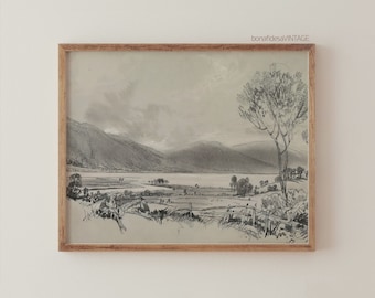 Minimalist Landscape Sketch - Light Academia Decor - Gallery Wall Art - Moody Print - Vintage Poster - Antique Art
