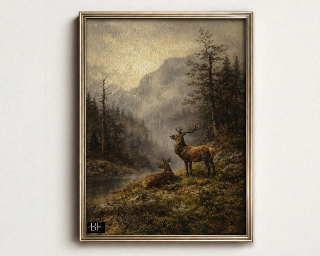 Rustic Deer Painting | Vintage Print | Landscape Painting Cabin Decor ...