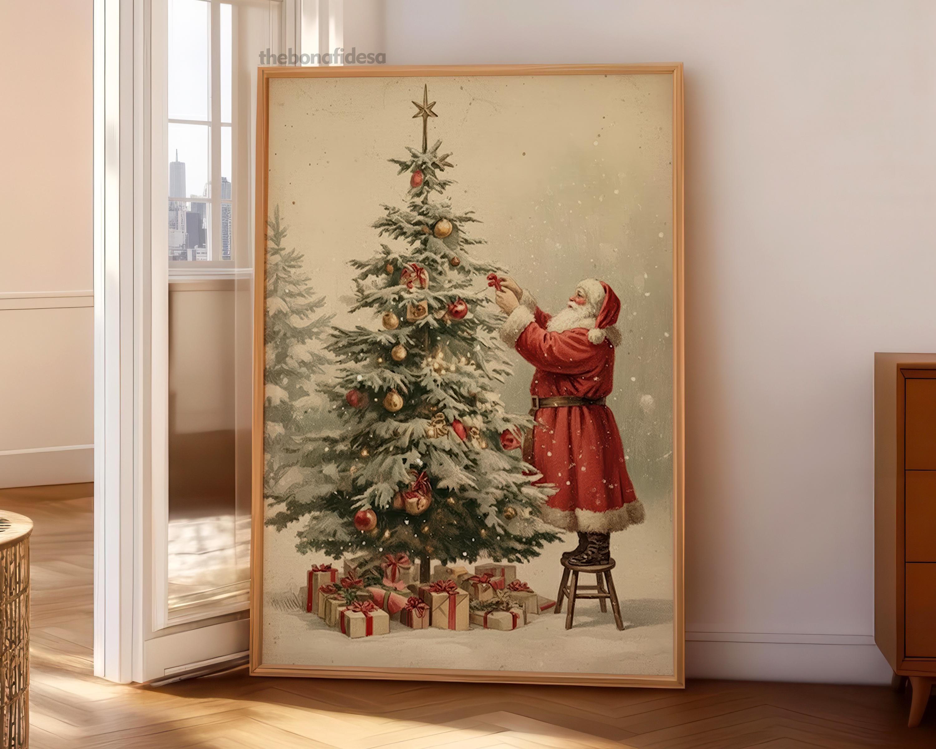 サンタとツリー　絵画 ヴィンテージ サンタクロースの印刷可能な壁アート、クリスマスツリー