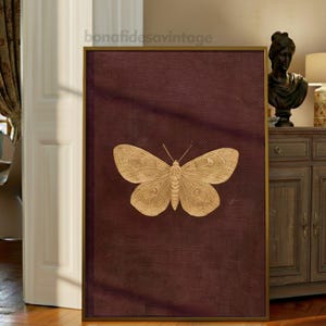 May include: A framed artwork featuring a detailed gold butterfly illustration on a deep burgundy background. The artwork has a gold frame and the text "bonafidesavintage" at the top. The butterfly is centered, showcasing its intricate wing patterns.