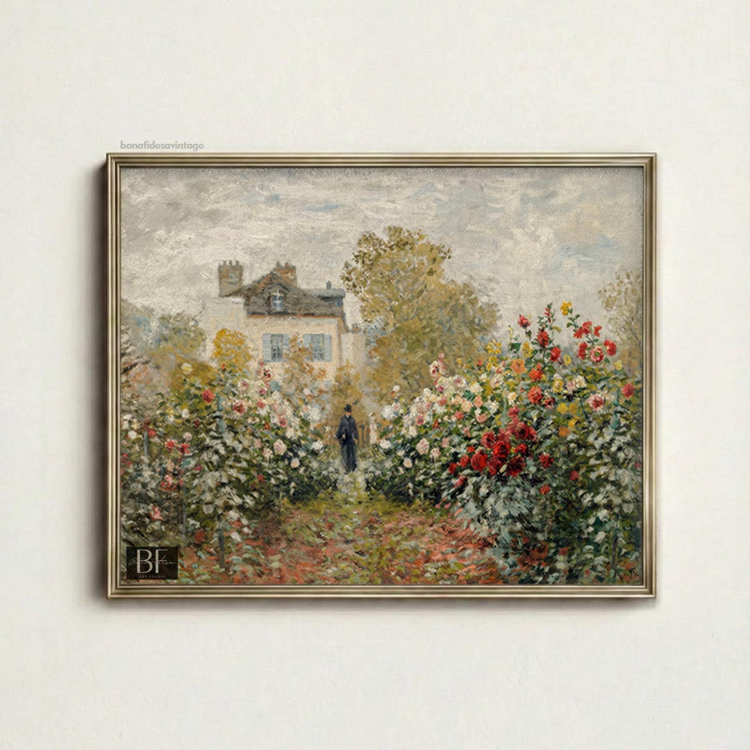 Vintage Cottage Rose Garden Painting: Country Landscape Art (printable ...