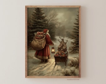 Arte de Papá Noel y renos del Viejo Mundo, pintura navideña vintage, decoración de pared invernal, lámina navideña antigua, obra de arte navideña, descarga digital