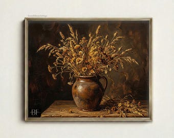 Rustic Dark Floral Still Life Painting: Moody Autumn Cottage Decor (Digital PRINTABLE)