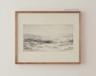 Antique Graphite Seascape Print - Vintage Coastal Wall Art - Coastal Home Decor - Light Academia