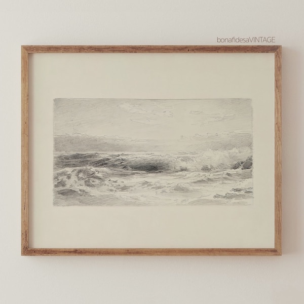 Antique Graphite Seascape Print - Vintage Coastal Wall Art - Coastal Home Decor - Light Academia