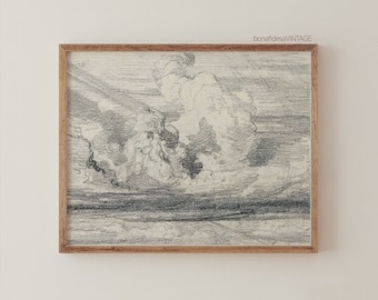 Vintage Cloud Sketch, Graphite Sky Drawing, Cloud Wall Art, Printable Wall Art, Light Academia Decor