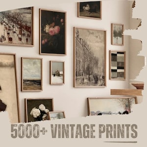 May include: A white wall with a gallery of framed vintage prints. The prints are in various sizes and styles, including landscapes, cityscapes, and still lifes. The prints are all in black and white or sepia tones. The text "5000+ VINTAGE PRINTS" is at the bottom of the image.