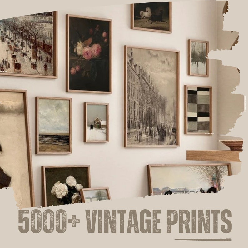 May include: A white wall with a gallery of framed vintage prints. The prints are in various sizes and styles, including landscapes, cityscapes, and still lifes. The prints are all in black and white or sepia tones. The text "5000+ VINTAGE PRINTS" is at the bottom of the image.