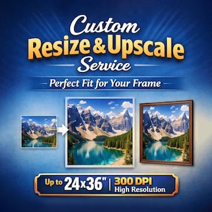 Könnte beinhalten: Werbung für einen individuellen Größenänderungs- und Upscale-Service. Das Bild zeigt ein Landschaftsfoto eines Sees und von Bergen mit dem Text "Custom Resize & Upscale Service" und "Bis zu 61x91cm 300 DPI Hohe Auflösung."