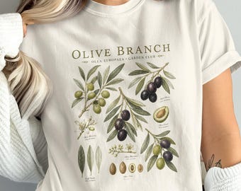 Camiseta del club de jardinería Olive Branch con diseño de estudio botánico vintage. Camiseta Comfort Colors para jardineros y amantes de los olivos.