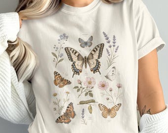 Camiseta de mariposa Comfort Colors® estilo vintage, ideal para amantes de las mariposas de jardín y la naturaleza. Regalo perfecto para los amantes de las flores silvestres.