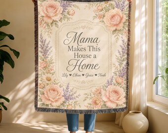 Personalized Mama Blanket With Kids Names Mama Makes This House a Home Floral Woven Throw Blanket Gift for Mom
