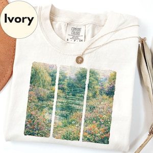 Camiseta inspirada en la pintura de jardines de Monet de Comfort Colors®, con paisaje floral impresionista, ideal como regalo para amantes del arte, estilo cottagecore. imagen 2