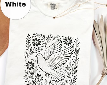 Floral Dove Shirt Cottagecore Bird Graphic Tee Peace Symbol Nature Lover Gift Folk Art Bird Shirt Botanical Aesthetic Tee