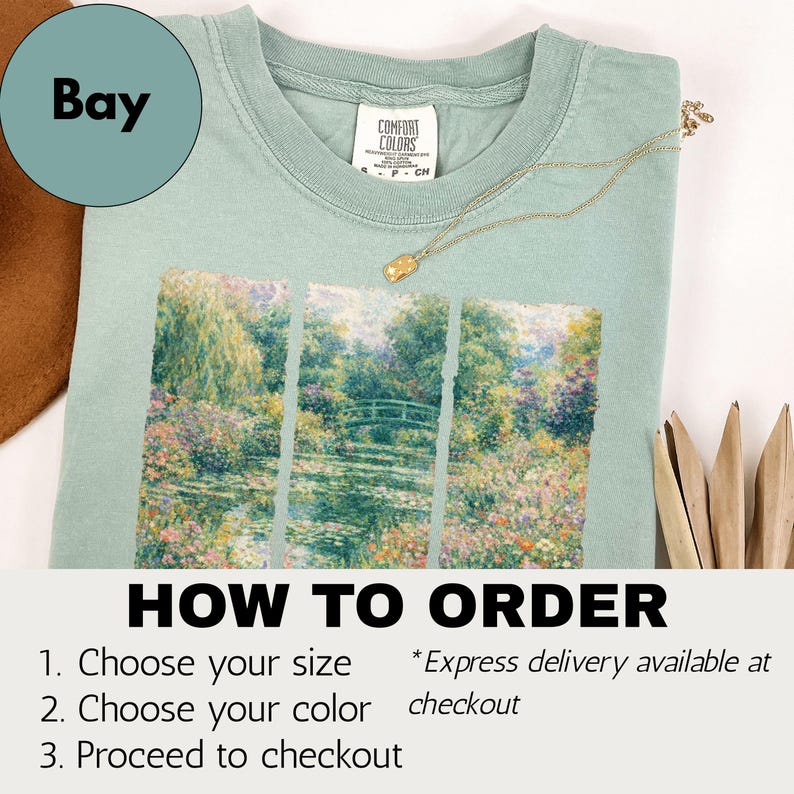 Camiseta inspirada en la pintura de jardines de Monet de Comfort Colors®, con paisaje floral impresionista, ideal como regalo para amantes del arte, estilo cottagecore. imagen 9