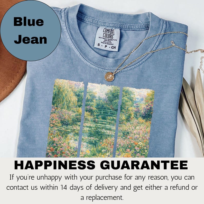Camiseta inspirada en la pintura de jardines de Monet de Comfort Colors®, con paisaje floral impresionista, ideal como regalo para amantes del arte, estilo cottagecore. imagen 3