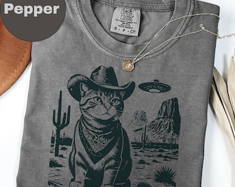 Cowboy Cat Shirt Funny Western Cat Lover Gift Alien UFO Desert Cowgirl Humor Tee Birthday Present for Cat Mom