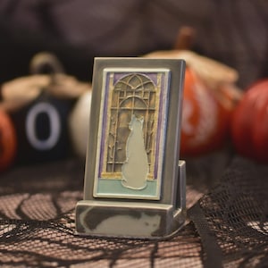 Halloween Miniature Ceramic Art Accent - Ghost Cat In Stormy Window with Stand | 2026 Roseville Pottery