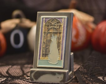 Halloween Miniature Ceramic Art Accent - Ghost Cat In Stormy Window with Stand | 2026 Roseville Pottery