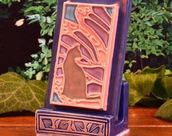 Handcrafted Roseville Pottery Cat and Butterfly Ceramic Tile with Matching Stand - Vintage-Inspired Feline Decor