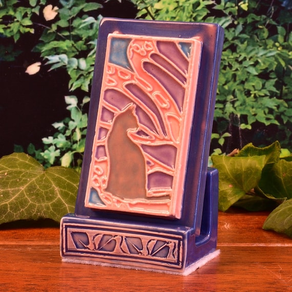 Handcrafted Roseville Pottery Cat and Butterfly Ceramic Tile with Matching Stand - Vintage-Inspired Feline Decor