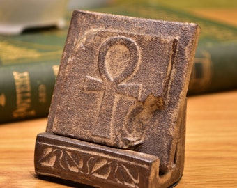 Ancient Relic Miniature Ceramic Tile - Roseville Pottery Egyptian Ankh Collectible with Stand