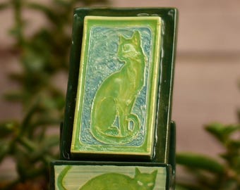 Handcrafted Roseville Pottery Jade Cat Ceramic Tile with Matching Stand - Vintage-Inspired Feline Decor