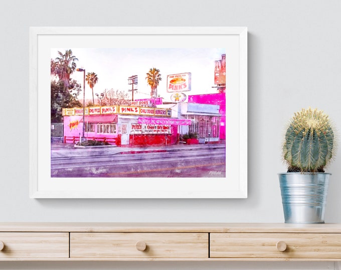 Los Angeles Iconic Landmarks, Pink's Hot Dogs Watercolor Prints & Canvas, SoCal Southern Wall Art, LA Airbnb Art, Office and Home Framed Art