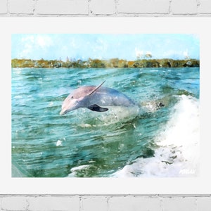 Framed Dolphin Watercolor Painting: Florida Nautical Wall Art