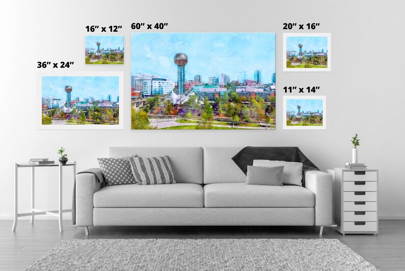Knoxville TN Skyline Framed Art Prints & Canvases, Knoxville Watercolor Giclee Art, Knoxville
