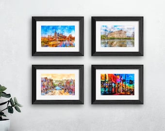 Nashville Framed Prints Set of 4, Nashville Set of Office Wall Decor, Honky Tonk Hwy Art, Nashville Skyline Art, Legends Corner Art