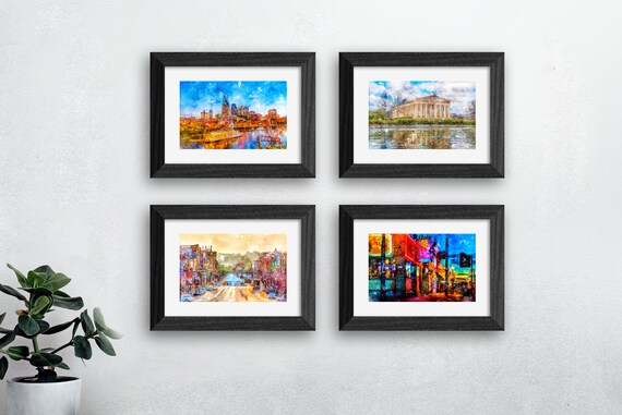 Nashville Framed Art Prints Set: Honky Tonk Hwy, Skyline, Legends Corner (7x5)
