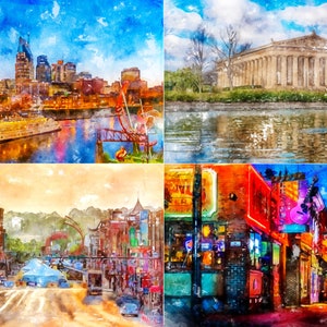 May include: A collage of four watercolor paintings depicting different scenes in Nashville, Tennessee. The top left image shows the city skyline with a river in the foreground. The top right image shows the Parthenon, a replica of the ancient Greek temple. The bottom left image shows a street scene with buildings and cars. The bottom right image shows a street scene with neon signs and a guitar.