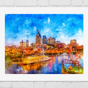 Nashville Riverboat Watercolor Art Print: Cumberland River Skyline