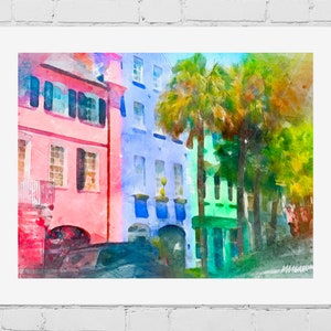 Rainbow Row Charleston Art Print: Giclee Canvas, Framed Wall Decor