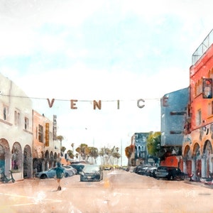 Venice Beach Watercolor Art Print: Los Angeles Urban Wall Art