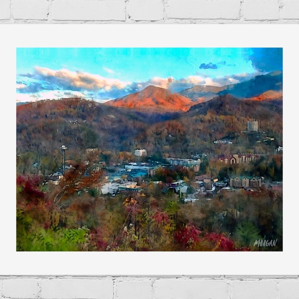 Gatlinburg Skyline Giclee Watercolor Art Print, Framed Art Prints & Canvas of Smoky Mountain Sunset, Gatlinburg Airbnb Home Art Decor