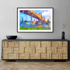 Brooklyn Bridge Watercolor Painting: NYC Skyline Giclee Art Print