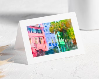 Rainbow Row Charleston SC Greeting Card, Historic Houses in Charleston Blank Art Card, Charleston Office Desk Framed Watercolor Painting