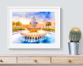 Charleston Pineapple Fountain Watercolor Art Print: Waterfront Park Canvas
